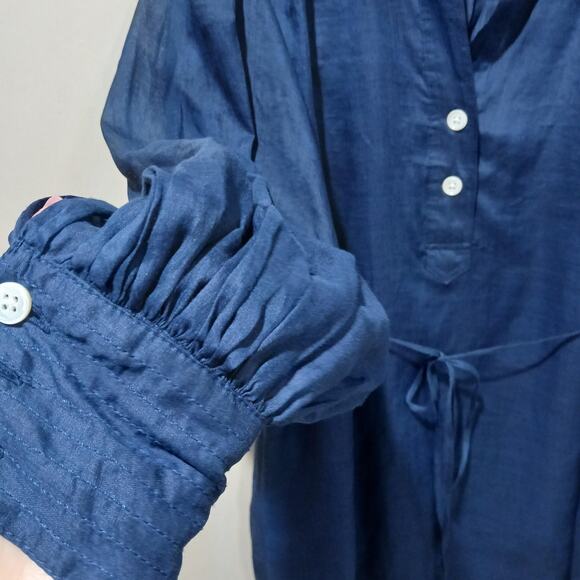 Banana Republic Dress Womens Large Blue Long Sleeve Soft Shirred Ramie Buttons - Picture 3 of 13